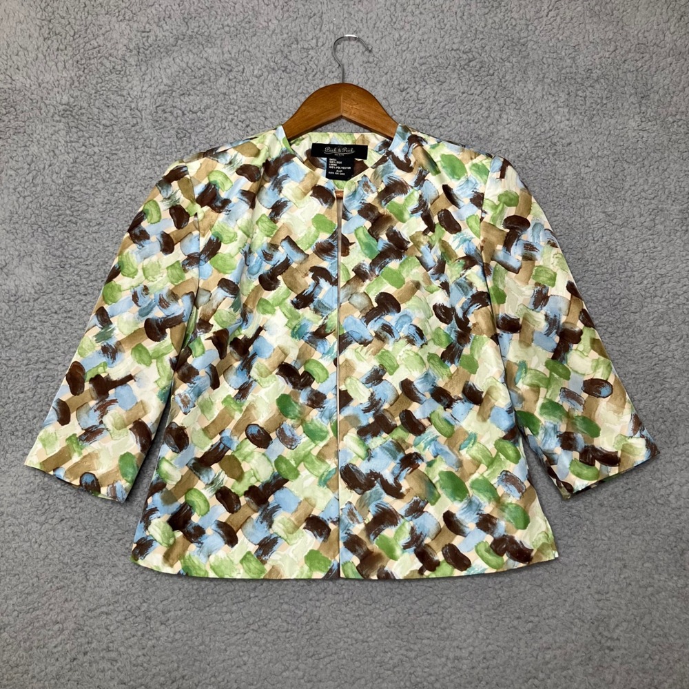 VTG Peck & Peck 100% Silk Blazer Women Petite S Green Blue Brown Statement Artsy